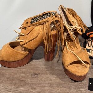 Tan Suede Platform Heels with Fringe